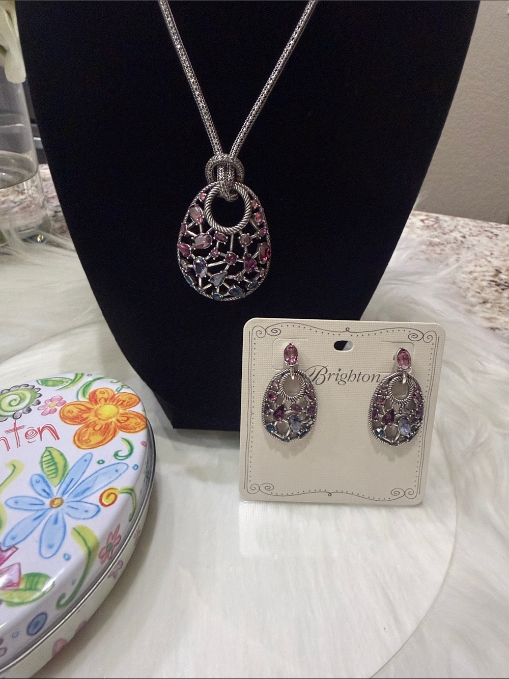 💜🆕 Brighton One Love Silver Multicolor Crystal Teardrop Necklace and Earrings